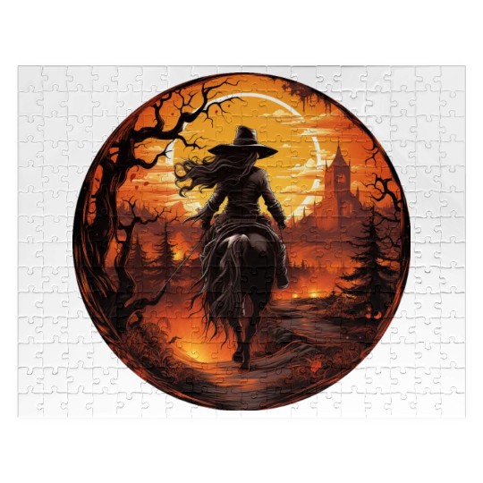 Witchy Cowgirl Riding off into the Full Moon Jigsaw Puzzles