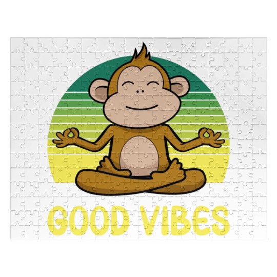 Meditating Monkey Retro Sunset Jigsaw Puzzles