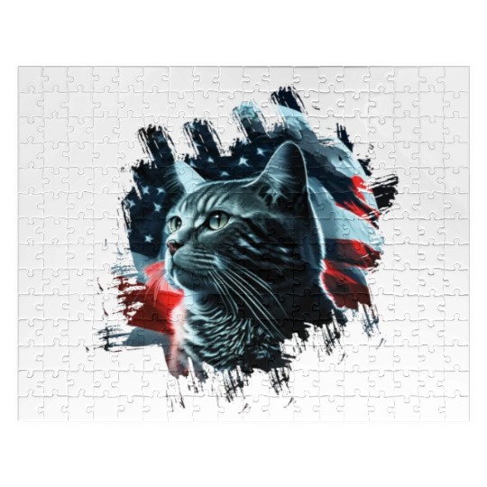 America cat under Moon with American Flag Jigsaw Puzzles