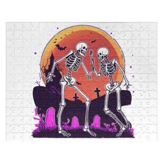 "Skeletal Dance-Off Under Neon Moon" Jigsaw Puzzles