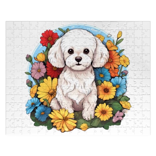 Bichon Frise Floral Flower Cute Colorful Puppy Dog Jigsaw Puzzles