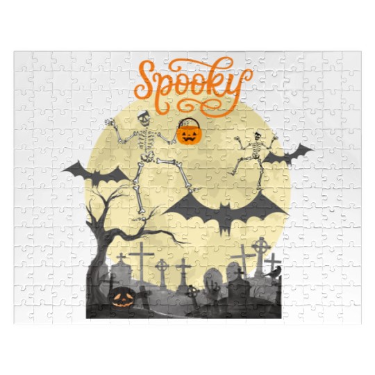 Spooky dancing skeletons bats moon and pumpkin Jigsaw Puzzles