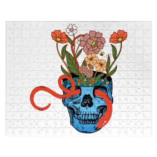 Human skull and exotic tropical Hibiscus flowers Jigsaw Puzzles