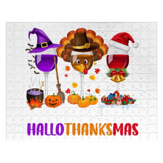 Happy Hallothanksmas Wine Glasses Drinking Lover Jigsaw Puzzles