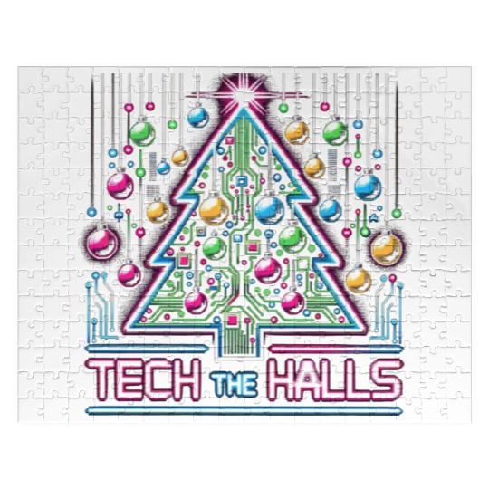 Tech the Halls - Christmas Tree in 8-bit Neon Jigsaw Puzzles
