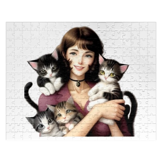 Pretty Cat Lady with Cute Kittens Jigsaw Puzzles
