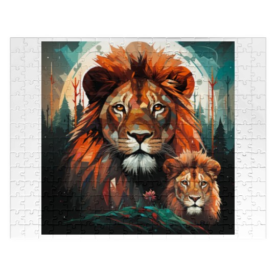 Geometric Lion Mother and Lion Cub in the Forest Jigsaw Puzzles