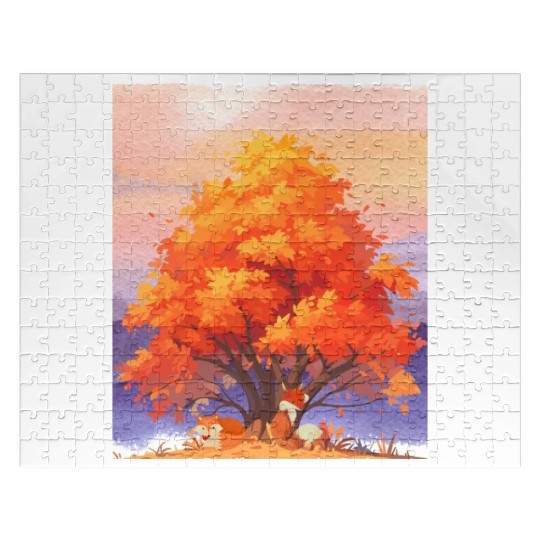 Autumn Serenity - Watercolor Foxes Under The Tree Jigsaw Puzzles