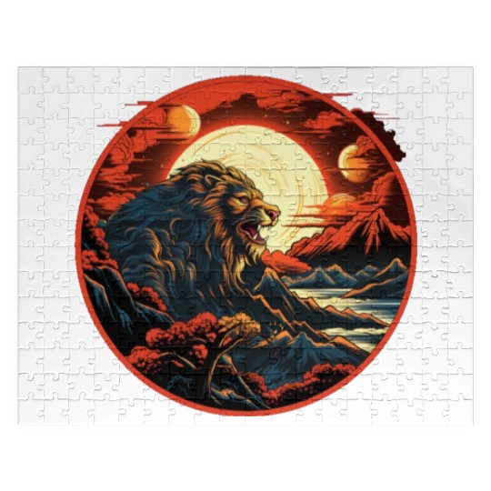 Red Japanese Style Mountain Lion Art Jigsaw Puzzles