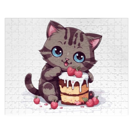 Cherry Cake Delight: Sweet Comic Cat Indulges Jigsaw Puzzles