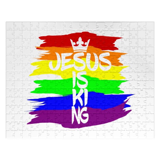 Queer Jesus is King Cross Crown Rainbow Colors Jigsaw Puzzles