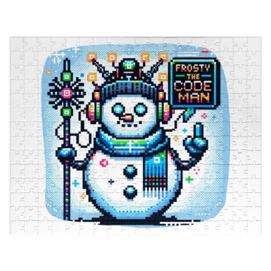 Frosty the Code-man | Cyberpunk Neon Snowman Pixel Jigsaw Puzzles