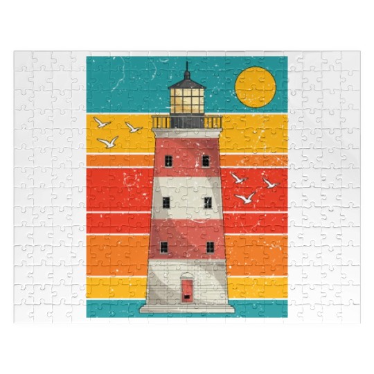 Retro full moon sea gift lighthouse Jigsaw Puzzles