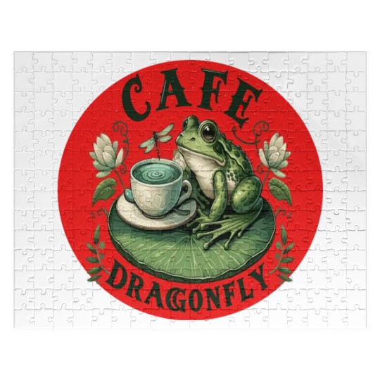 Cafe Dragonfly: Whimsical Serene Frog on Lily Pad Jigsaw Puzzles