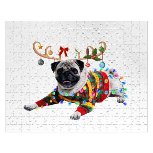 Funny Pug Dog Christmas Reindeer Christmas Lights Jigsaw Puzzles