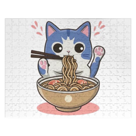 te cat ramen noodles neko kawaii funny Jigsaw Puzzles