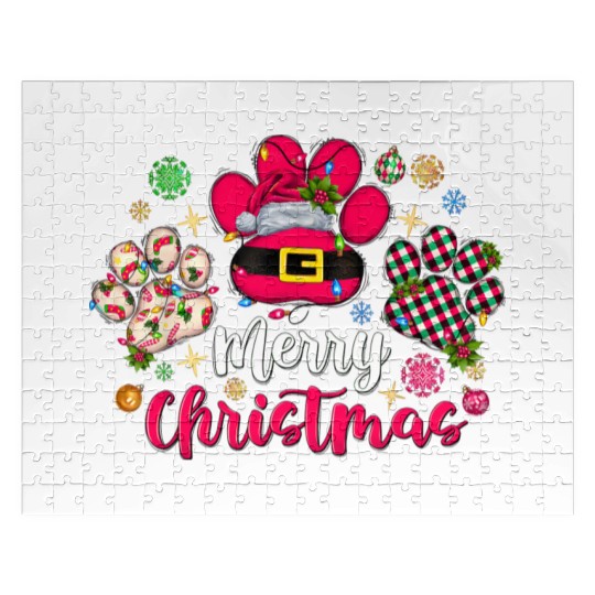 Merry Christmas Dog Paws Lights Buffalo Plaid Xmas Jigsaw Puzzles