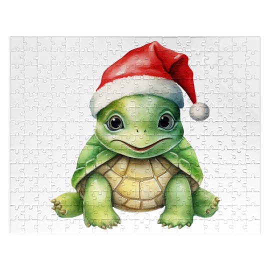 cute green sea turtle wearing a Santa hat Jigsaw Puzzles