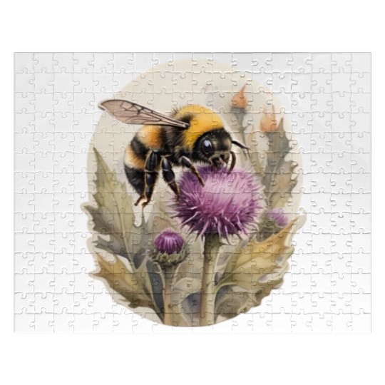 Bumblebee on thistle watercolor Jigsaw Puzzles