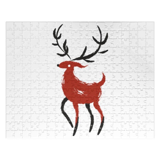 Red and Black Japanese Ink style Reindeer Jigsaw Puzzles
