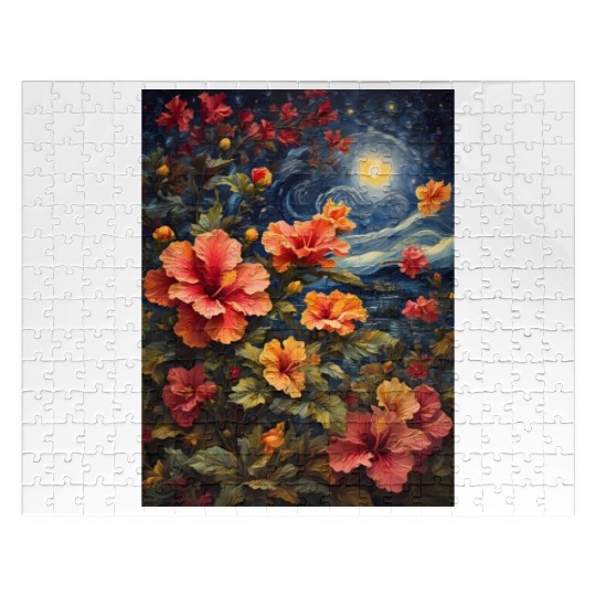 Colorful Hibiscus Under Starry Night Sky Jigsaw Puzzles