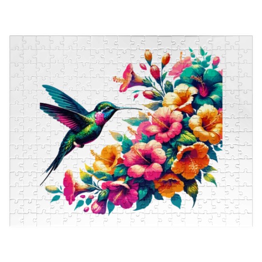 Hummingbird and Hibiscus Blossom Art Jigsaw Puzzles