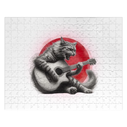 Rock Cat Playing Guitar Jigsaw Puzzles under the red moon