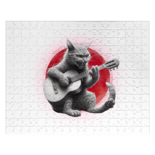 Rock Cat Playing Guitar Jigsaw Puzzles under the red moon