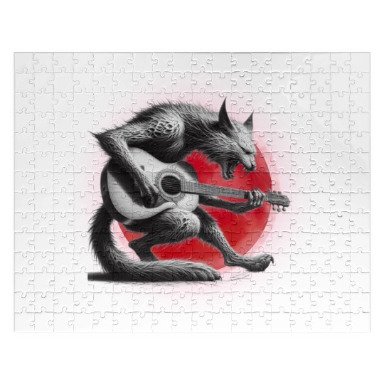 Rock Cat Playing Guitar Jigsaw Puzzles under the red moon