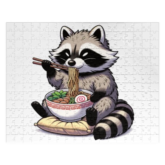Cute Raccoon Eats Ramen Noodles Raccoon Ramen Jigsaw Puzzles