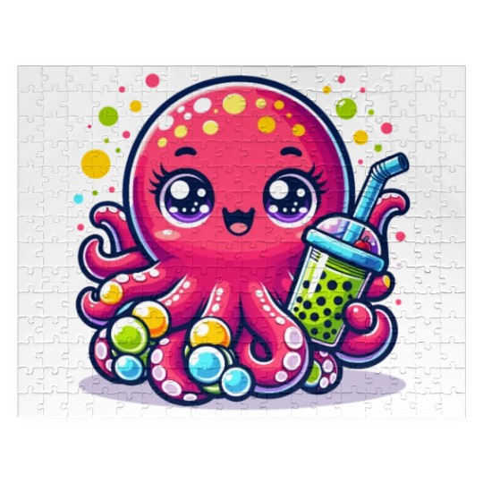 Kawaii Octopus With Bubble Tea Sea Ocean Boba Tea Jigsaw Puzzles
