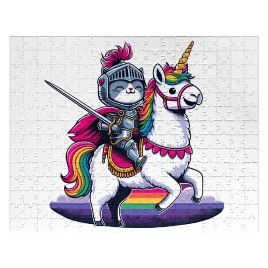 Happy Funny Cat Knight Riding Unicorn Llama Alpaca Jigsaw Puzzles
