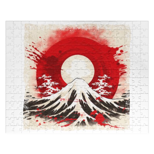 Kyoto Mountains: Flag, Volcano, and Blood Moon Jigsaw Puzzles