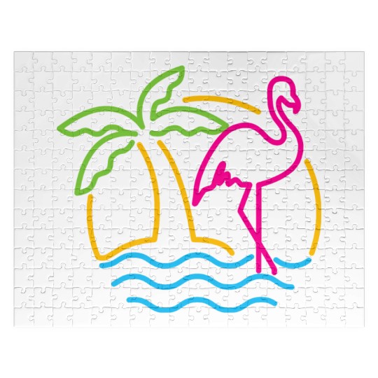 80s Vintage Miami Retro Neon Pink Flamingo Jigsaw Puzzles