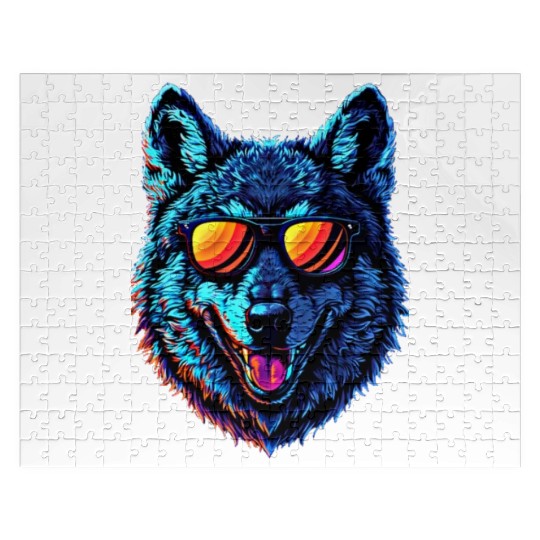 Cool Wolf Face Blue Wolf Wearing Sunglasses Jigsaw Puzzles