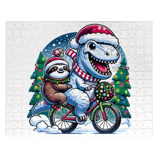 Winter Wonderland T-Rex and Sloth Cycling Duo Jigsaw Puzzles