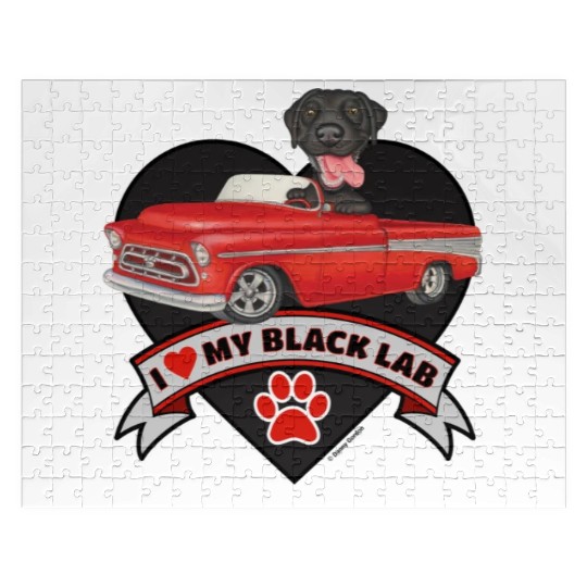 Cute black lab in classic truck inside a heart Jigsaw Puzzles