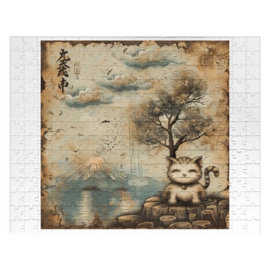Mt. Fuji Kitten Papyrus Scroll Retro Japanese Art Jigsaw Puzzles