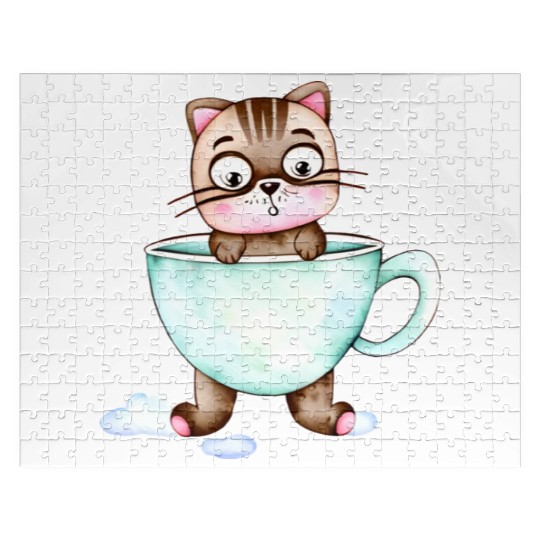 Surprised Silly Cat Wearing Coffee Cup Jigsaw Puzzles