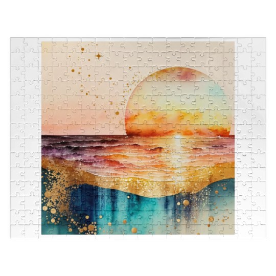 Sunset Beach Watercolor Painting Jigsaw Puzzles