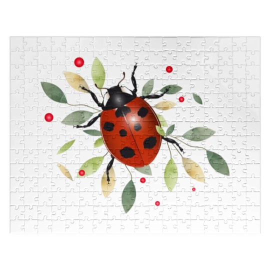 red glowing ladybug with green leaves Jigsaw Puzzles