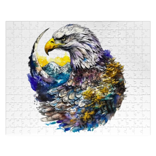 Wilderness Watercolor Forest Moon Eagle Jigsaw Puzzles