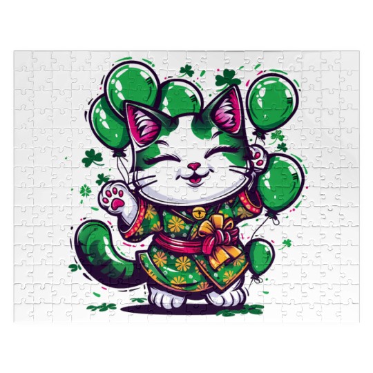 Kawaii St Patricks Day Cat With Balloons Jigsaw Puzzles