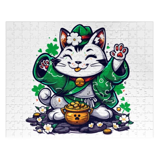 Kawaii St Patricks Day Cat With a Pot Of Gold Jigsaw Puzzles