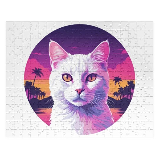 Synthwave White Cat 2 Jigsaw Puzzles
