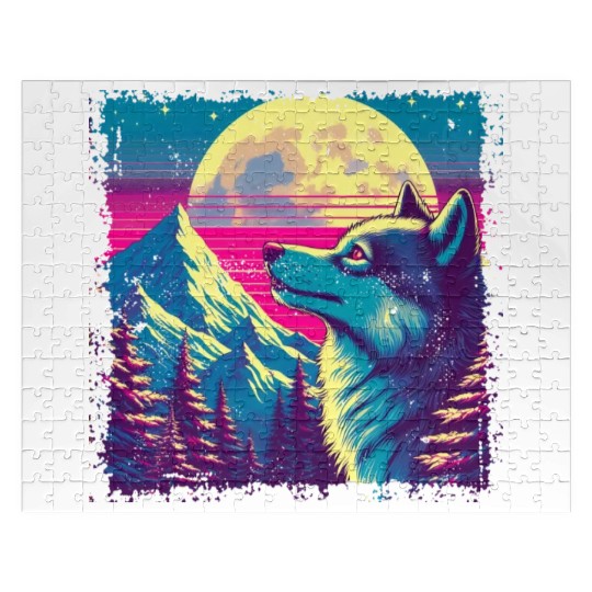Retro Wolf Gazing at the Moon Jigsaw Puzzles