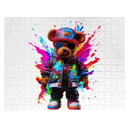 Watercolor Hip Hop Teddy Bear Colorful Splash Art Jigsaw Puzzles
