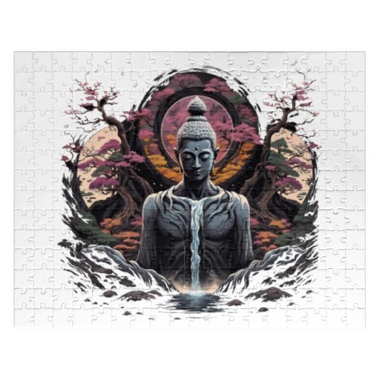 Buddha's Serenity: Cherry Blossom Waterfall Jigsaw Puzzles