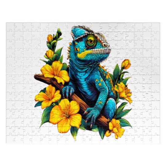Chameleon on a Branch Surrounded by Flowers Jigsaw Puzzles