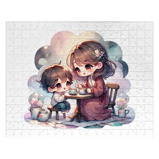 Mother and Son Enjoying a Cozy Tea Party Jigsaw Puzzles